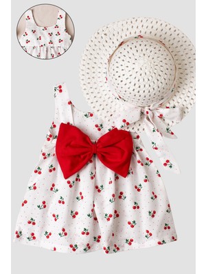 Chicsy Baby Kiraz Desenli Şapkalı Fiyonklu  Kız Bebek Elbisesi