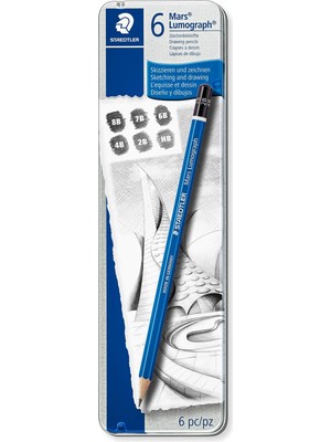 Misda Store 100 G6 Mars Lumograph Kursun Kalem 6'lı Metal Kutuda 8b, 7b, 6b, 4b, 2b, Hb