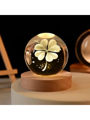 Misda Store Kristal Cam Küre LED Işıklı USB Kablolu Ahşap Stantlı Gece Lambası Dekoratif Hediyelik (Yonca)