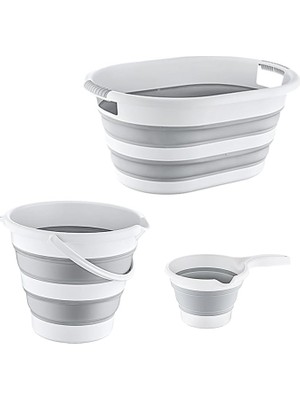 Misda Store 3'lü Set Katlanabilir Çamaşır Sepeti, Kova, Maşrapa, Plastik Akordiyon Yer Kaplamayan Tasarım