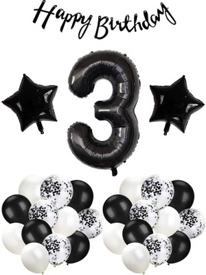 Misda Store Gitti Siyah Konsept Doğum Günü Kutlama Seti; Beyaz Siyah Konfetili Balon, Rakam Yıldız Folyo ve Banner (3 Yaş)