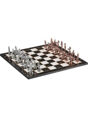 Misda Store Metal Mısır Satranç Takımı Antik ve Katlanır Mermer Desenli Tahta