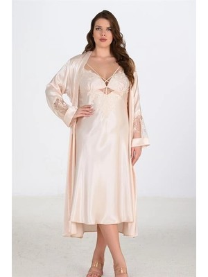 Çamaşır Kenti  Premium Büyük Beden Saten Dantel Işlemeli Fil Dişi Uzun 2'li Gecelik Sabahlık Takımı Bigsize