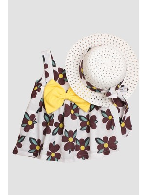 Chicsy Baby Şapkalı Üç Yapraklı Büyük Çiçek Desenli  Kız Bebek Elbisesi