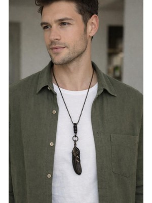 Unisex Tüy Kolye Antik Bronz Renk Uzun Zincirli Otantik Tasarım Erkek Kadın Kolye
