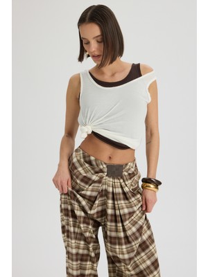 Mai Corvin Pile Detaylı Dökümlü Kahve Ekose Pantolon