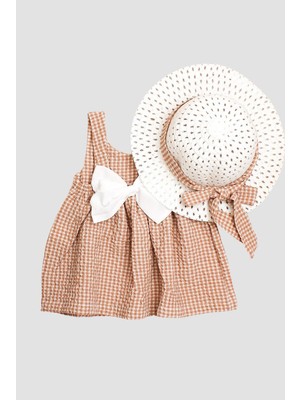 Chicsy Baby Şapkalı Pötikare Desenli Fiyonklu Esnek Kız Bebek Elbisesi