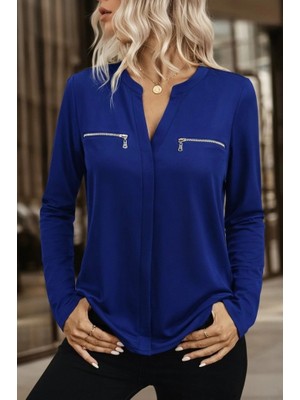 Çamaşır Kenti Kadın Uzun Kollu V Hakim Yaka Fermuar Detaylı Viskon Bluz