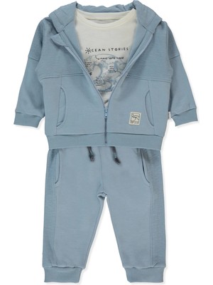 Bebetto Selanik Kapşonlu Hırka 3lü Takım (Surf) Indigo
