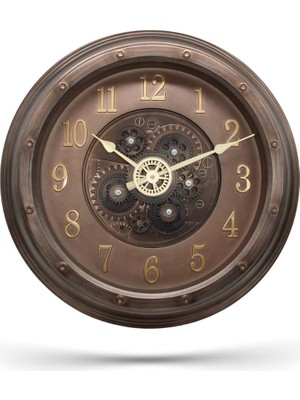 Leaf Shop Serisi Antik Eskitme Kadranlı Döner Çarklı Ev ve Ofis Duvar Saati Kabartma Latin Rakamlı 40 cm Bronz