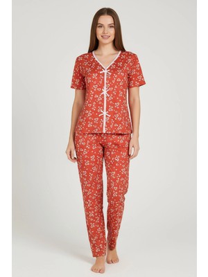 Çamaşır Kenti Kadın Turuncu Kalp Desenli Fiyonklu Kısa Kollu Uzun Pijama Takımı