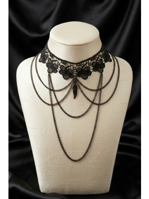 Çok Katmanlı Zincir Şelalesi Siyah Dantel Choker - Gotik Saray Stili Sallantılı Yaka Kolye