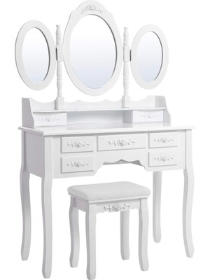 Misda Store 3 Aynalı ve Tabureli Tuvalet Masası, 7 Çekmece, Eğim Koruması, Lüks, 145 x 90 x 40 Cm, Beyaz RDT91W