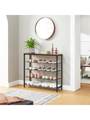 Misda Store Ayakkabı Rafı, Ayakkabı Rafı, 4 Izgaralı ve Geniş Yüzeyli Cepler Için, Giriş Alanı, Koridor, Metal, Endüstriyel Tasarım, 30 x 100 x 92,5 Cm, Vintage Kahverengi-Siyah LBS15BX