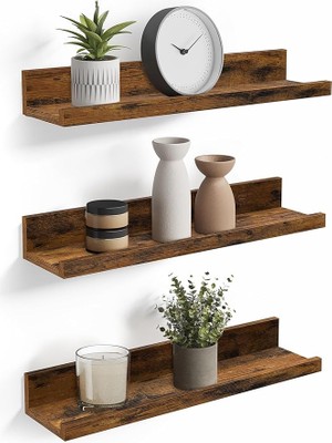 Misda Store Duvar Rafları, 3'lü Set, Yüzer Raflar, Uzunluk 38 Cm, Dekoratif Öğeler, Baharat Kavanozları ve Resim Çerçeveleri Için Yükseltilmiş Ön Kenar, Eski Kahverengi LWS037X01