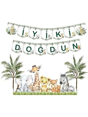 Misda Store Hediye Sepeti Iyi Ki Doğdun Yazısı Doğum Günü Banner, Safari Konsept Temalı Flama, Baby Animal