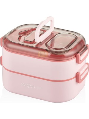 Misda Store Bento 1000ML Lunchbox Çift Katlı 3 Bölmeli Çelik Sefer Tası Yemek Kutusu (Pembe)