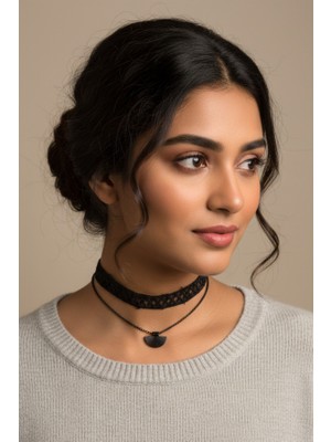 Zincir Detaylı Siyah Örgü Boyunluk - Etnik Desenli Yarım Daire Uçlu Choker Kolye