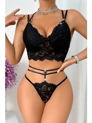 Çamaşır Kenti Kadın Siyah Çift Sıra Çapraz Askılı Cut-Out Tanga Detaylı Şık Takım