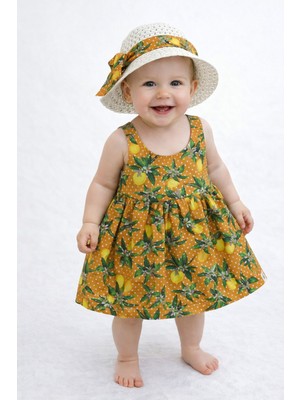 Chicsy Baby Tatlı Kız Bebek Limon Desenli Yazlık Elbise Şapkalı Kolsuz Pamuklu Elbise