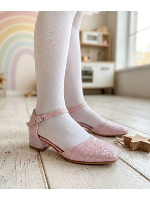 Surpie Shoes Kısa Topuklu Ayakkabı Kız Çocuk İçin Pembe Simli Kalın Tabanlı Şık Tasarım