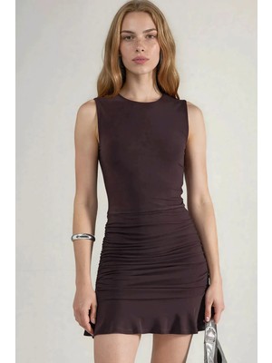 Hiccup Kadınlar Fırfırlı Mini Bodycon Elbise Mocha Kahvesi