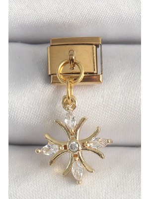 Aesco 316L Çelik Gold Renk Sallantı Zirkon Taşlı Kar Tanesi Model Nomination Charm