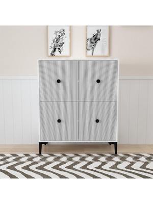 Morepp Ece 90 cm , Lazer Desenli 4kapaklı 4 Raflı Ayakkabılık, Çok Amaçlı Dolap, Banyo Dolabı Beyaz