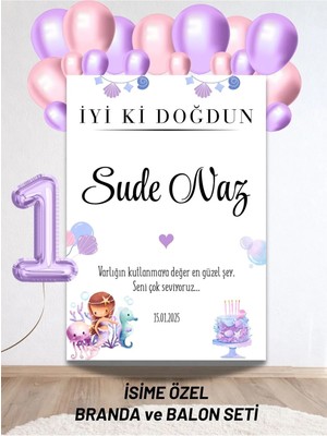 Isimli Deniz Kızı Konseptli Balonlu Doğum Günü Duvar Brandası 40 Balon ve Yaş Balonlu Arkaplan Seti