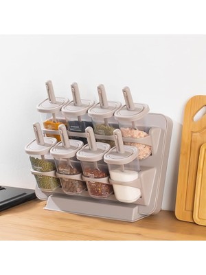 Misda Store 1123 8'li Standlı Kaydırmalı Kaşıklı 360° Döner Kapaklı Etiketli Baharatlık Seti - Erzak Saklama Kabı Cappuccino