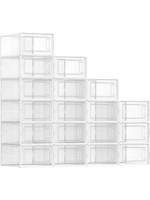 Misda Store Ayakkabı Kutuları, 18 Şeffaf Ayakkabı Kutusu Seti, Katlanabilir ve Istiflenebilir, 44 Bedene Kadar, Şeffaf Beyaz LSP18SWT