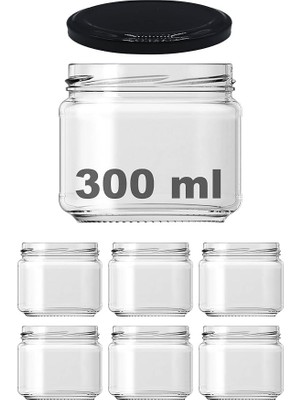 Misda Store 300 ml Şeffaf Konserve Cam Kavanoz Metal Siyah Kapaklı 6 Adet (300 Cc)
