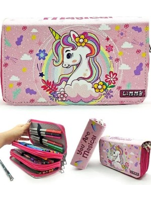 Misda Store Kalem Kutusu Unicorn Bahar Temalı Kawai Organizer Kalemkutu Vegan Deri Üç Bölmeli Kalemlik- Pembe