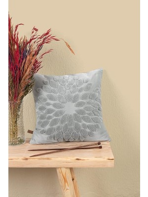 Misda Store Özel Tasarım Punch Panç Desen Kare Dekoratif Kırlent Kılıfı Flower Gri