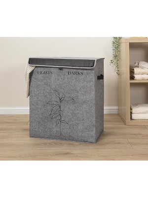 Misda Store Deri Detaylı Lüks Keçe 2 Gözlü Çamaşır Sepeti (2 Gözlü)