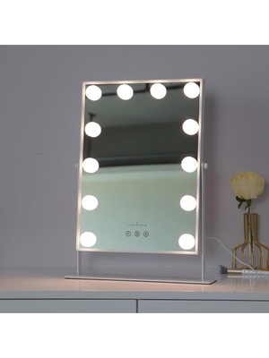 Misda Store Of Myth - LOM2085 3 Renk LED Işıklı Makyaj Aynası, Dokunmatik, 360° Döner Metal Çerçeve Beyaz Ahşap