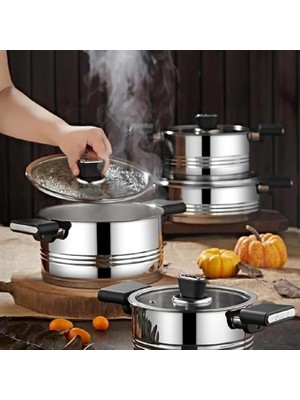 Misda Store 1129 Silindir Paslanmaz Çelik Tencere Seti - Cam Kapaklı Tencere Takımı - 8 Parça