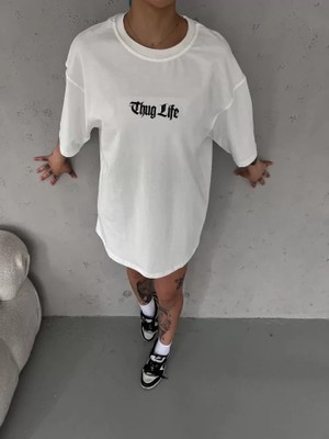 Aesco Unisex Bisiklet Yaka Baskılı Oversize T-Shirt - Beyaz