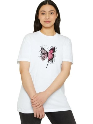 Aesco Unisex Bisiklet Yaka Baskılı T-Shirt - Beyaz