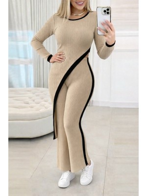 Aesco Kadın Uzun Kollu Bisiklet Yaka Asimetrik Kesim Bluz Şardonlu Kaşkorse Bluz ve Pantolon Ikili Takım