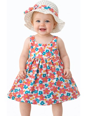 Chicsy Baby Tatlı Kız Bebek Renkli Çiçek Desenli Askılı Elbise ve Şapka Takımı Yazlık Pamuklu Bebek Elbisesi