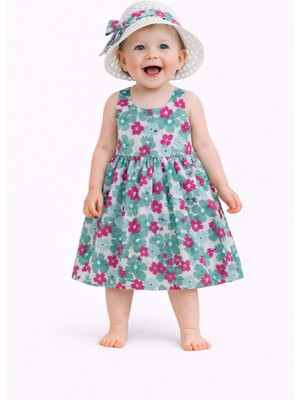 Chicsy Baby Tatlı Kız Bebek Renkli Çiçek Desenli Askılı Elbise ve Şapka Takımı Yazlık Pamuklu Bebek Elbisesi