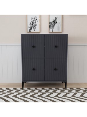 Morepp Ece 90 cm , Lazer Desenli 4kapaklı 4 Raflı Ayakkabılık, Çok Amaçlı Dolap, Banyo Dolabı Antrasit