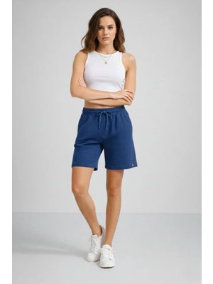 Aesco Dokuma Otoban Şort Beli Lastikli Bağcıklı, Cepli, Rahat Kesim Günlük Yazlık Şort - Indigo
