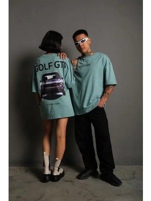 Aesco Oversize Baskılı Tişört – Golf Gtı Retro Araba Desenli, Ön - Arka Dijital Baskı, Sokak Modası Stil - Mint Yeşili