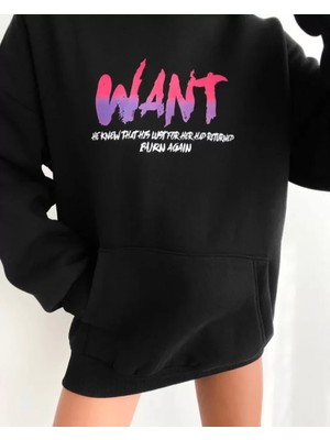Aesco Baskılı Üç Iplik Kapüşonlu Oversize Sweatshirt - Siyah