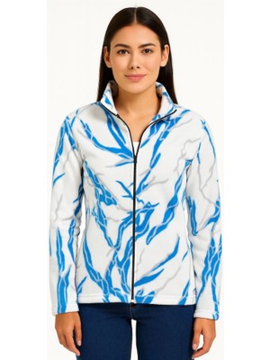 Aesco Tam Fermuarlı Desenli Polar Sweat Lightning Desen Yakalı, Uzun Kollu, Oversize Rahat Kalıp - Beyaz