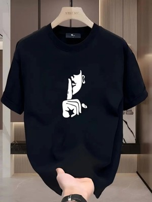 Aesco Rahat Bisiklet Yaka Tişört, Yaratıcı Karikatür Baskı - Yumuşak Polyester, Her Mevsim Giyilebilir- Siyah