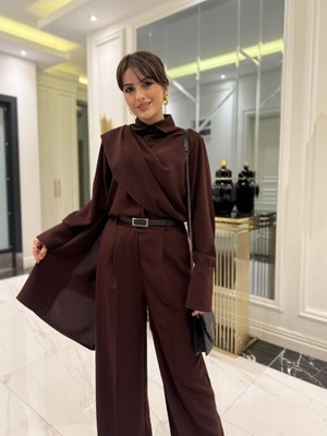 Aesco Kadın Uzun Kollu Şal Detaylı Bluz ve Pantolon Kemer Dahil Ikili Takım