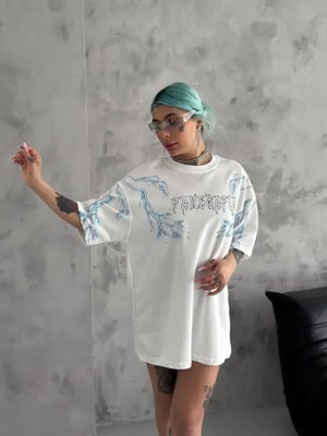 Aesco Unisex Bisiklet Yaka Baskılı Oversize T-Shirt - Beyaz